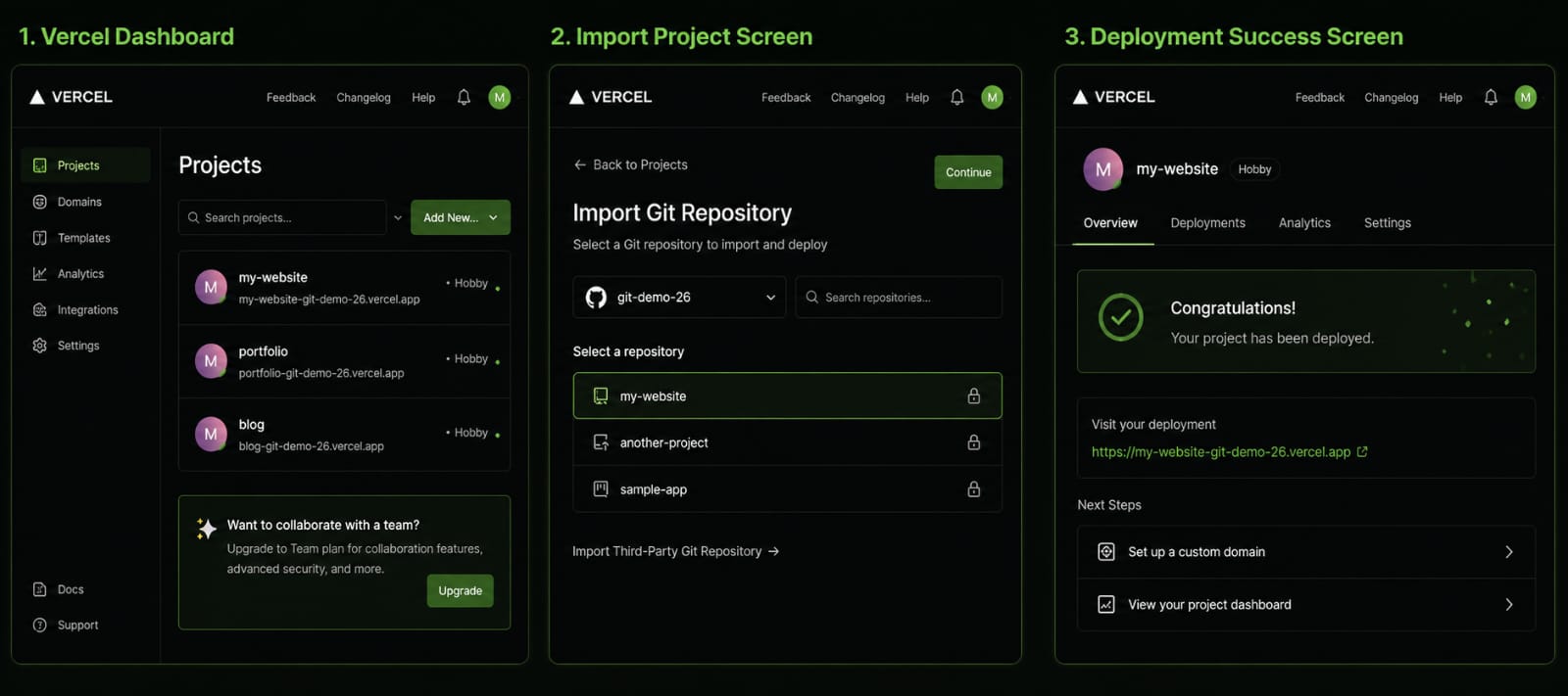 Vercel dashboard showing deployed project and domain settings